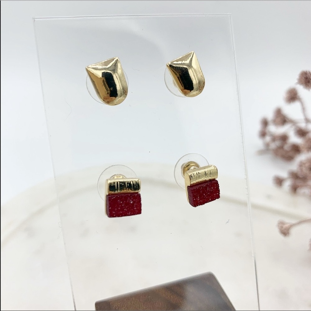 Double Stud Earrings Druzy Gold